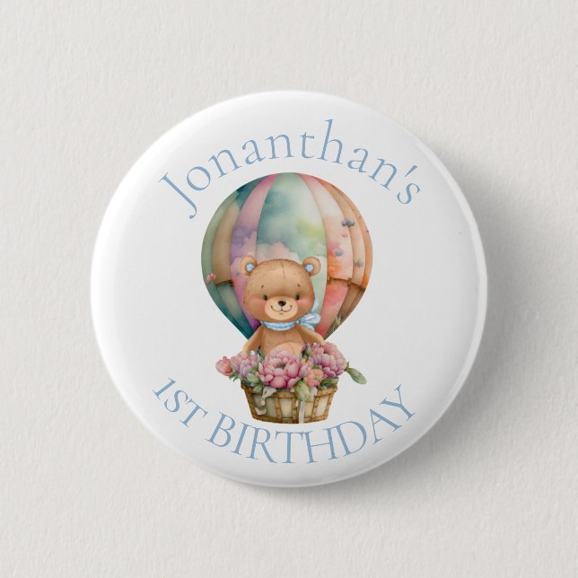 Teddy Bear Balloons 1. Geburtstagskarte Button (Vorderseite)