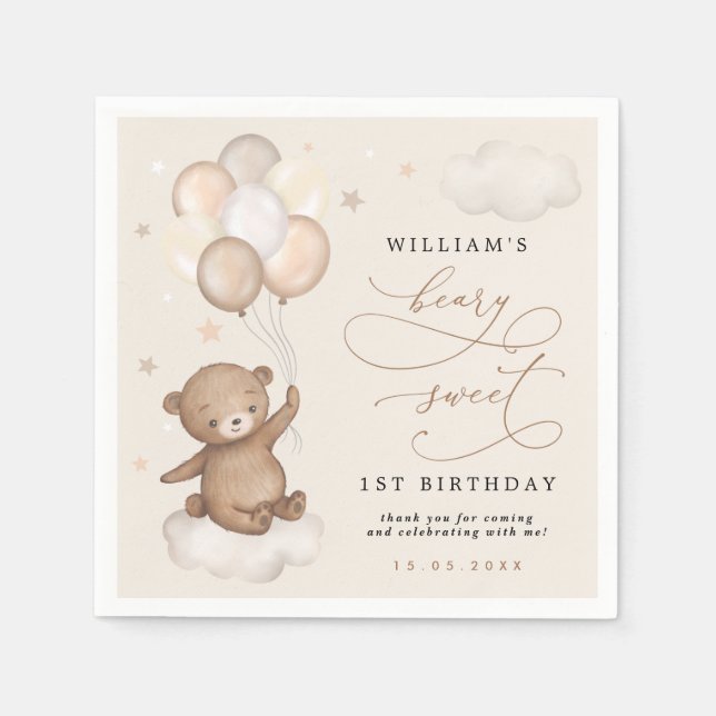 Teddy Bear & Balloons Apricot Creme Brown Geburtst Serviette (Vorderseite)