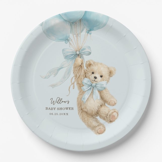 Teddy Bear Balloons Baby Shower Paper Plates Pappteller (Vorderseite)