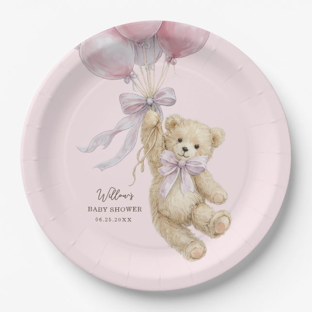 Teddy Bear Balloons Baby Shower Paper Plates Pappteller (Vorderseite)