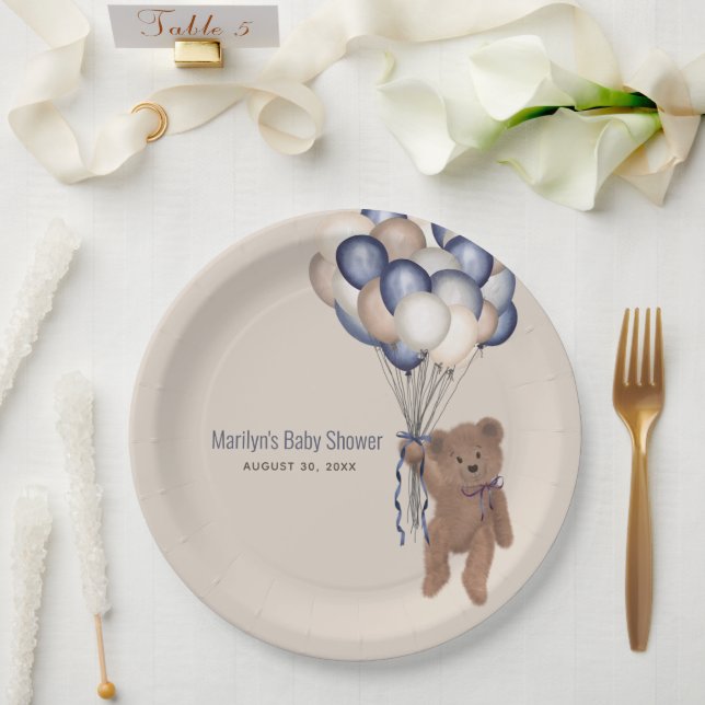 Teddy Bear & Balloons Bearly Wait Blue Baby Dusche Pappteller (Hochzeit)