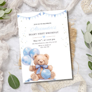Teddy Bear Balloons Birthday Invite, Beary First Einladung
