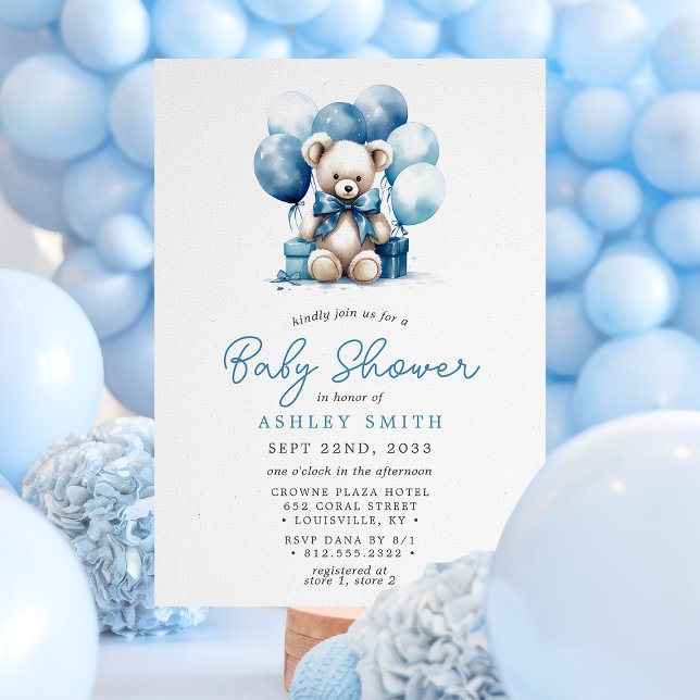 Teddy Bear Balloons Blue Boy Baby Dusche Einladung (Von Creator hochgeladen)