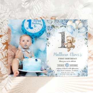 Teddy Bear Balloons Blue Floral 1. Geburtstag Foto Einladung