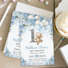 Teddy Bear Balloons Blue Floral Erster Geburtstag Einladung