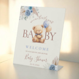 Teddy Bear Balloons Boho Blue Flowers Sockelschild