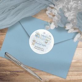 Teddy Bear Balloons Boy Baby Dusche Rücksendeadres Runder Aufkleber