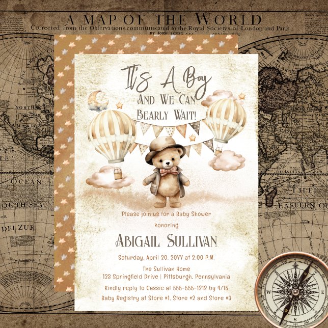 Teddy Bear Balloons Boy Bearly Wait Baby Dusche Einladung ("It's A Boy and We Can Bearly Wait!" Teddy Bear | Hot Air Balloons Natural Baby Shower Invitation)