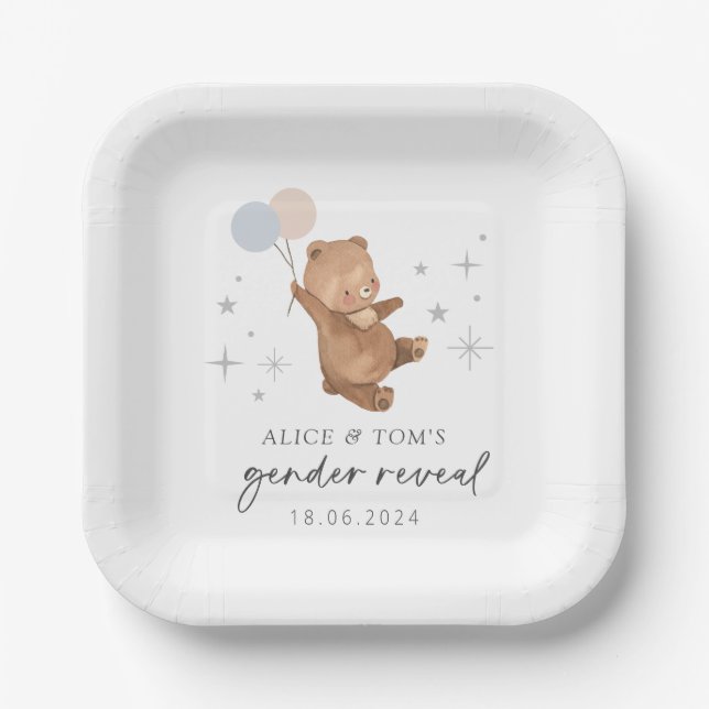 Teddy Bear Balloons Gender Reveal Pappteller (Vorderseite)