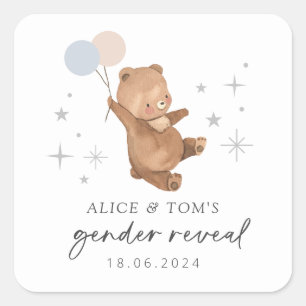 Teddy Bear Balloons Gender Reveal Quadratischer Aufkleber