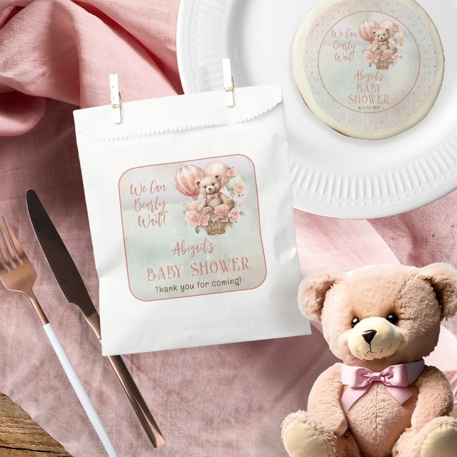 Teddy Bear Balloons Girl Bearly Wait Baby Shooter Geschenktütchen (Teddy Bear Hot Air Balloon | Pink Flowers Girl Baby Shower Favor Bags)