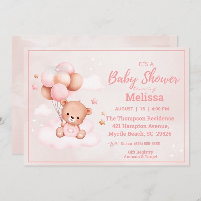 Teddy Bear Balloons Girls Baby Dusche Einladung (Vorne/Hinten)