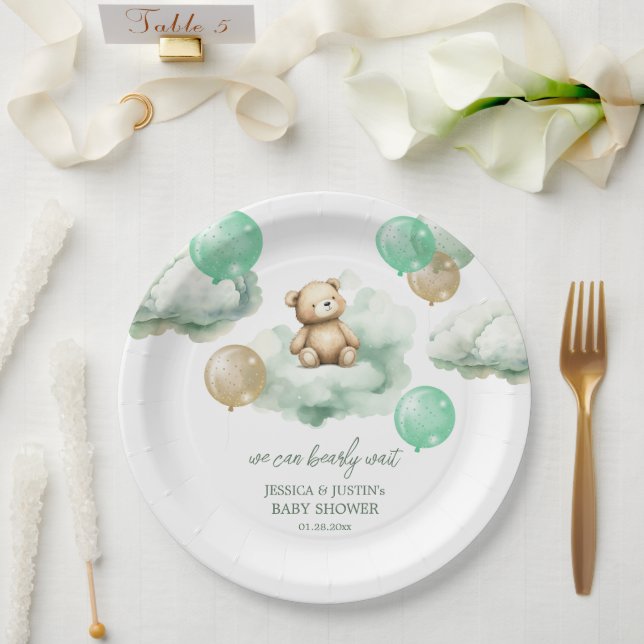 Teddy Bear Balloons Green Gold Sky Baby Dusche Pappteller (Hochzeit)