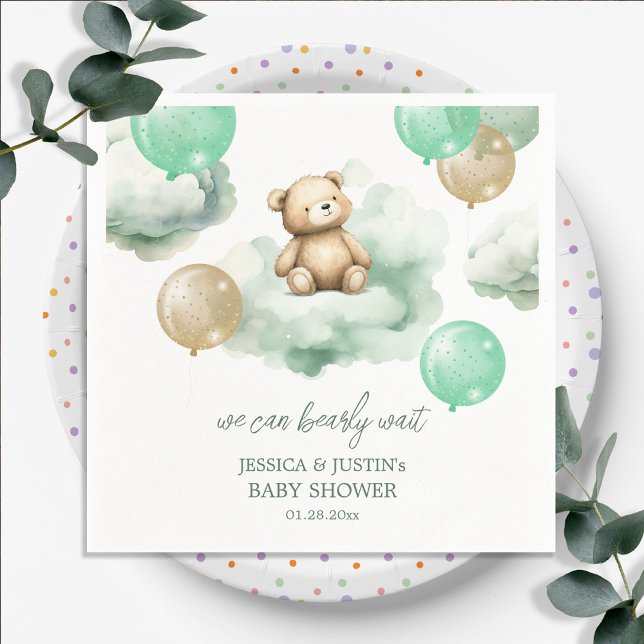 Teddy Bear Balloons Green Gold Sky Baby Dusche Serviette (Von Creator hochgeladen)
