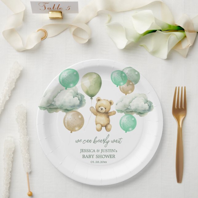 Teddy Bear Balloons Green Sky Baby Dusche Pappteller (Hochzeit)