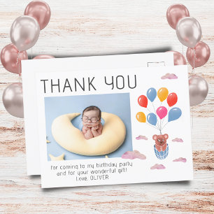 Teddy Bear Balloons Kids Photo Birthday Thank You Postkarte