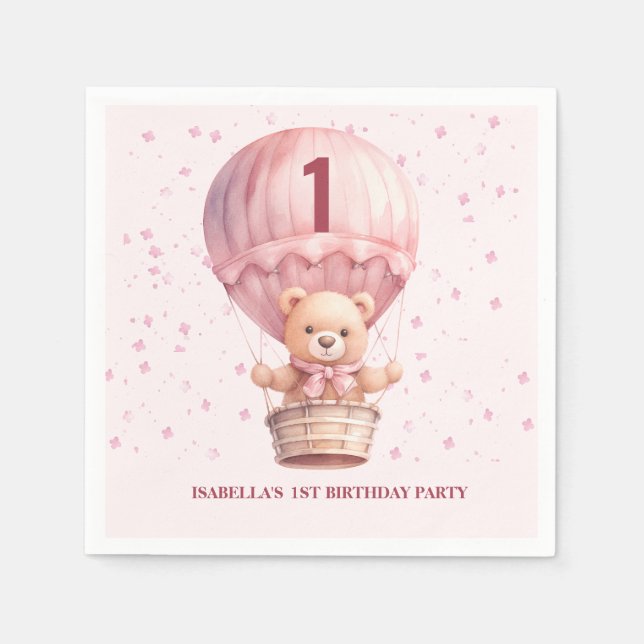 Teddy Bear Balloons Pastel Pink Baby's Birthday Serviette (Vorderseite)