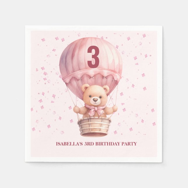 Teddy Bear Balloons Pastel Pink Baby's Birthday Serviette (Vorderseite)