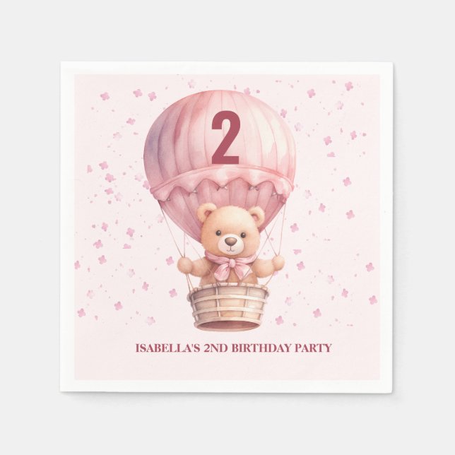 Teddy Bear Balloons Pastel Pink Baby's Birthday Serviette (Vorderseite)