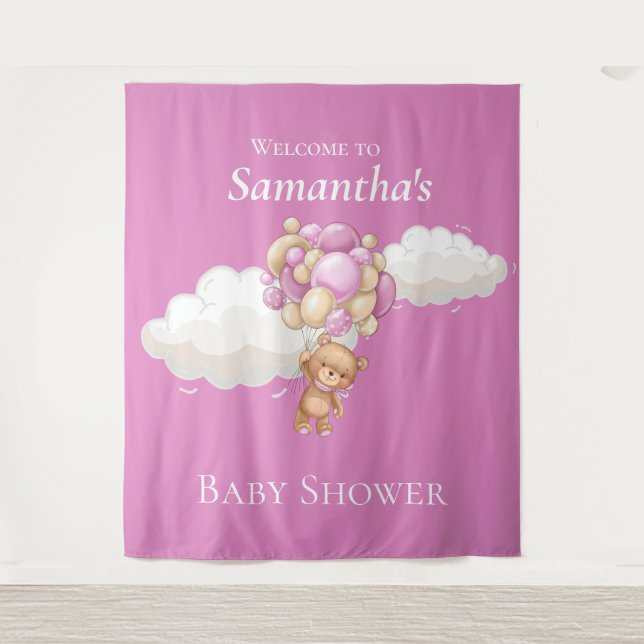 Teddy Bear Balloons Pink Baby Dusche Hintergrund Wandteppich (Vorderseite)