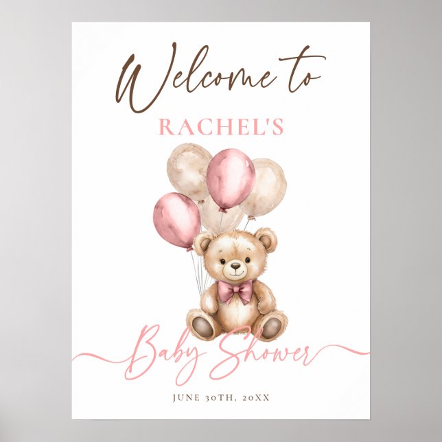 Teddy Bear Balloons Pink Baby Dusche Willkommen Poster (Vorne)