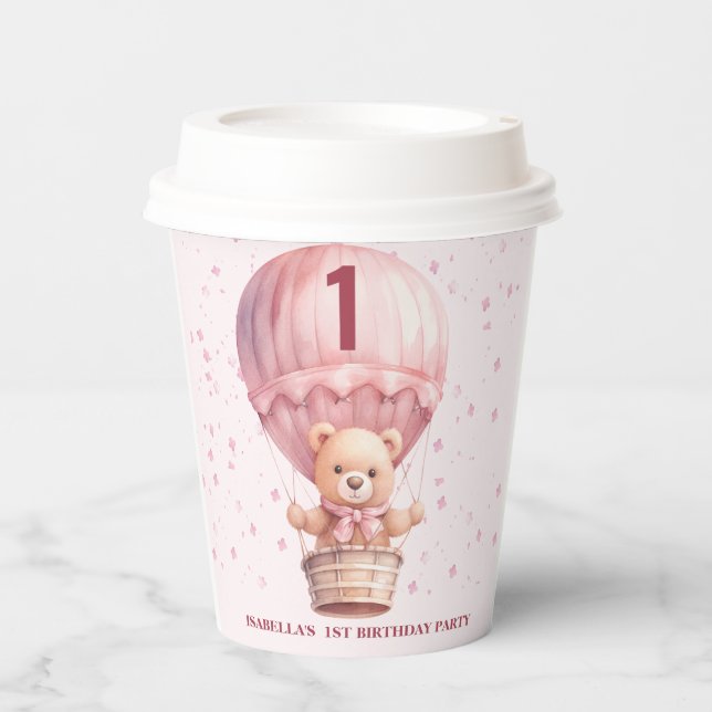 Teddy Bear Balloons Pink Birthday Paper Cups Pappbecher (Vorderseite)