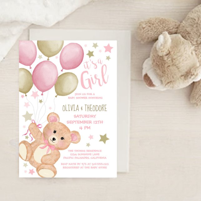 Teddy Bear Balloons Pink Gold Girl Babydusche in Einladung (Von Creator hochgeladen)