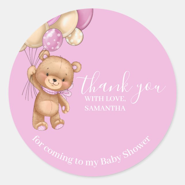 Teddy Bear Balloons PInk Vielen Dank Runder Aufkleber (Vorderseite)