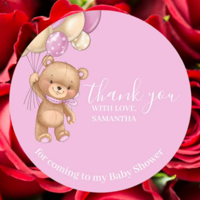 Teddy Bear Balloons PInk Vielen Dank Runder Aufkleber (Express gratitude with our Teddy Bear Balloons Pink Thank You sticker)