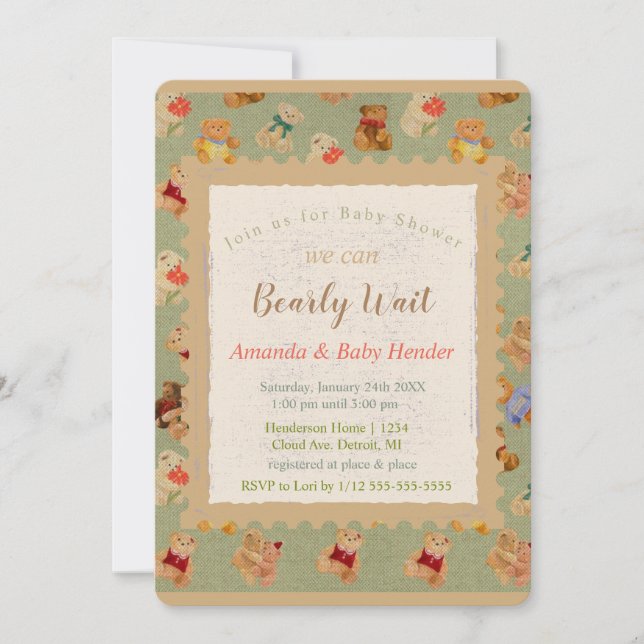 Teddy Bear Bear Bearly Wait Baby Dusche Einladung (Vorderseite)