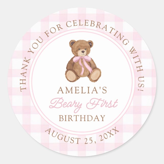 Teddy Bear Beary First 1st Birthday Party Runder Aufkleber (Vorderseite)