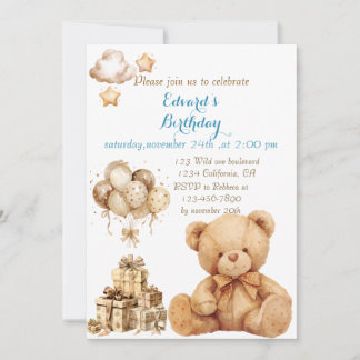 Teddy Bear Beige Balloon Geburtstag Einladung