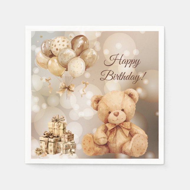 Teddy Bear Beige Balloon Geburtstag Serviette (Vorderseite)