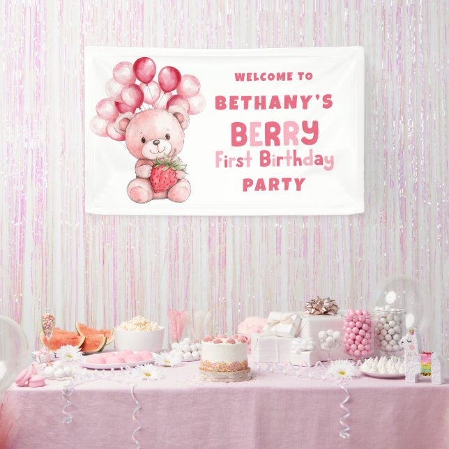 Teddy Bear Berry First Birthday Strawberry Willkom Banner (Party)