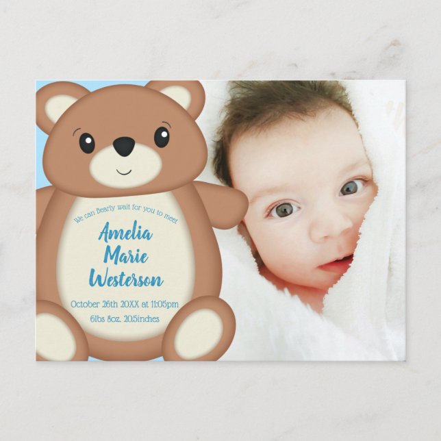 Teddy Bear Birth Announcement Foto Postkarte (Vorderseite)