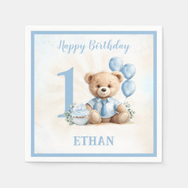 Teddy Bear Birthday Boy Blue Beige Paper Napkins Serviette
