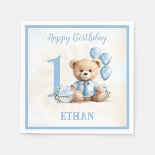 Teddy Bear Birthday Boy Blue Beige Paper Napkins Serviette