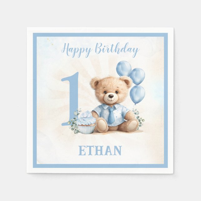 Teddy Bear Birthday Boy Blue Beige Paper Napkins Serviette (Vorderseite)