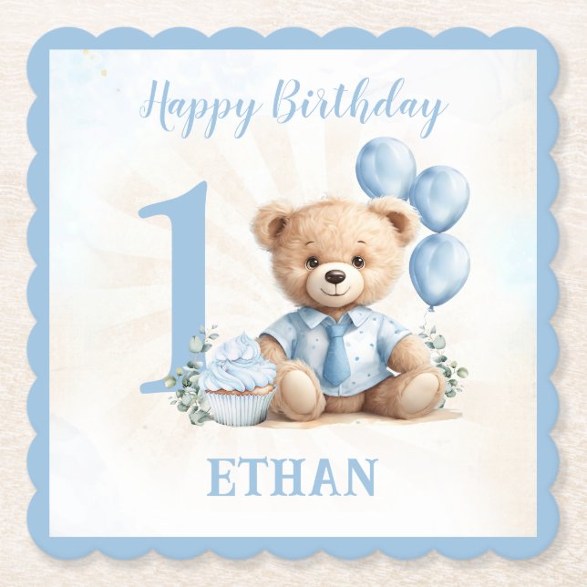 Teddy Bear Birthday Boy Blue Beige Paper Untersetz Untersetzer (Vorderseite)