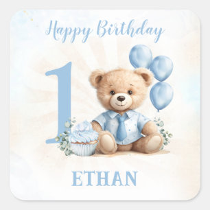 Teddy Bear Birthday Boy Blue Beige Stickers