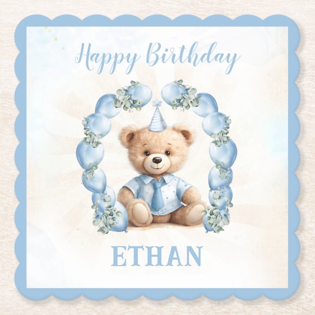 Teddy Bear Birthday Boy Blue Paper Untersetzer (Vorderseite)