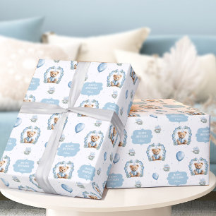 Teddy Bear Birthday Boy Name Blue Wrapping Paper Geschenkpapier