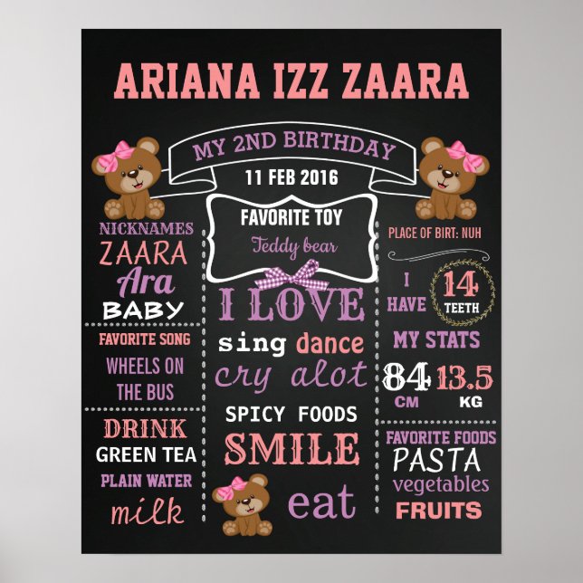 Teddy Bear Birthday Kreide Schild Plakat (Vorne)