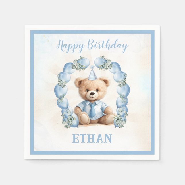 Teddy Bear Birthday Little Boy Blue Paper Napkins Serviette (Vorderseite)