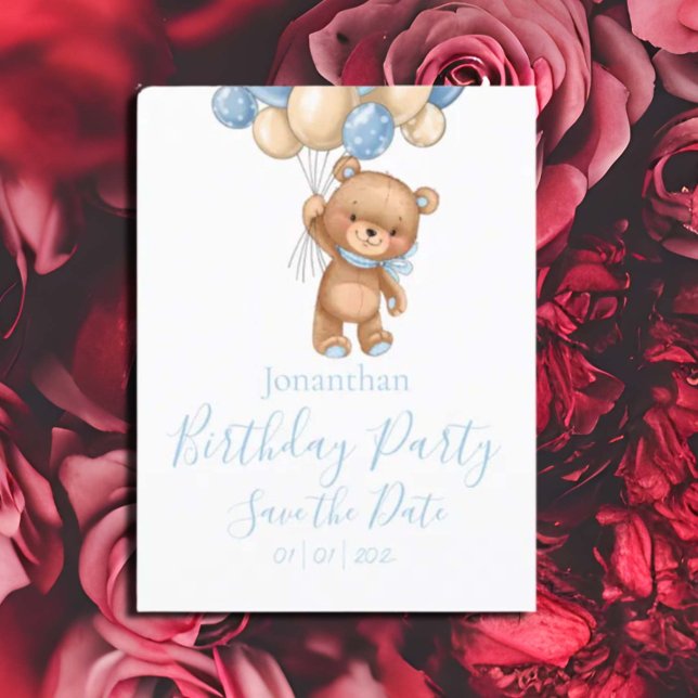 Teddy Bear Birthday Party Blue Boy Save the Date Postkarte (Pretty Watercolor Flowers Garden Baby Shower Invitation)