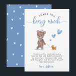 Teddy Bear Birthday Party Blue Dankeskarte<br><div class="desc">Niedliche Teddy Bär Thema Junge Geburtstagsparty Dankeschön-Karte mit Aquarell-Illustration eines Tubes in einem Seemann Outfit mit einem Entenspielzeug und blaues Herz. Die Nachricht dankt den Gästen für den Besuch des Party. Im Text oben steht: "Vielen Dank,  BEARY!"</div>