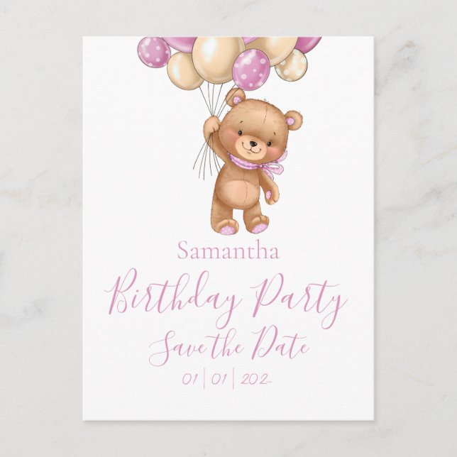 Teddy Bear Birthday Party Save the Date Pink Girl Postkarte (Vorderseite)
