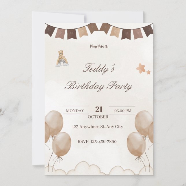 Teddy Bear Birthday Welcome Card Save The Date (Vorderseite)