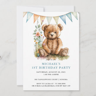 Teddy Bear Blue 1. Geburtstag Einladung