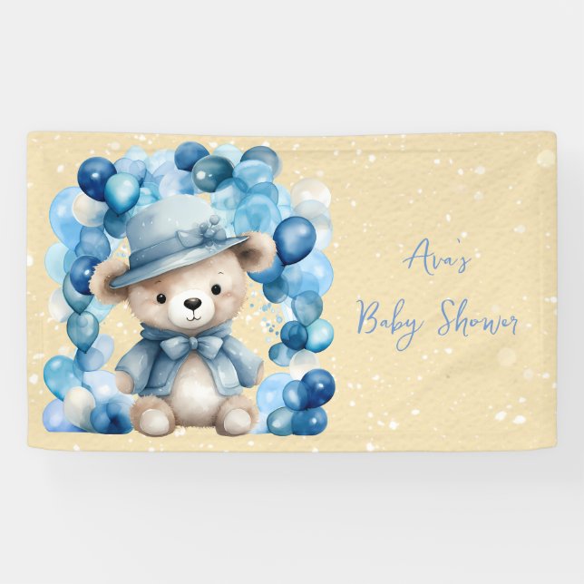 Teddy Bear Blue Arch Balloons Boy Baby Dusche Banner (Horizontal)
